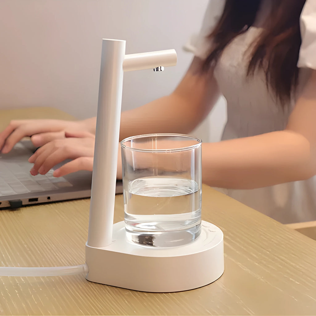 Desktop bottled water automatic pumping device with rechargeable 1800mAh battery in black and white ABS shell