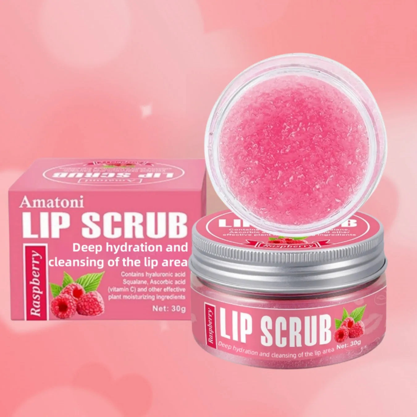 30g jar of fruit flavour lip scrub cream with coconut, raspberry, vanilla, watermelon options