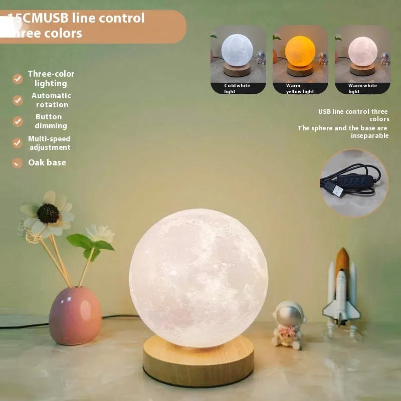 Rotating moon night lamp with wooden base showing three colour lighting options