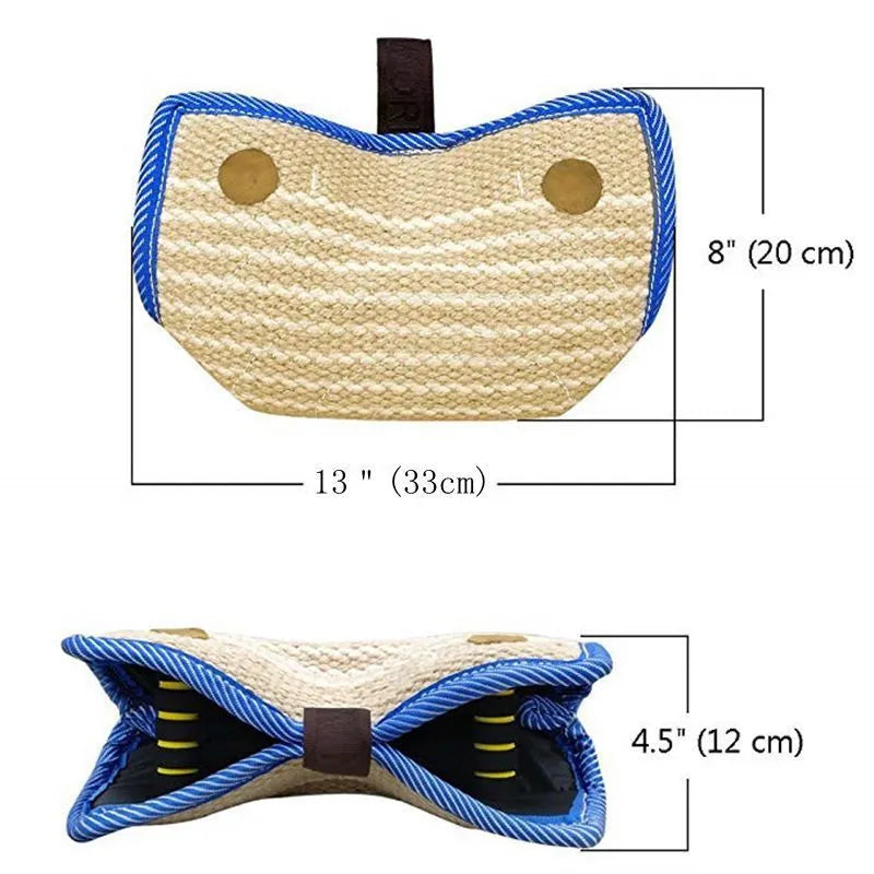 Dog training bite pillow in linen and blue border with double stitching and two soft rope handles for tug-of-war