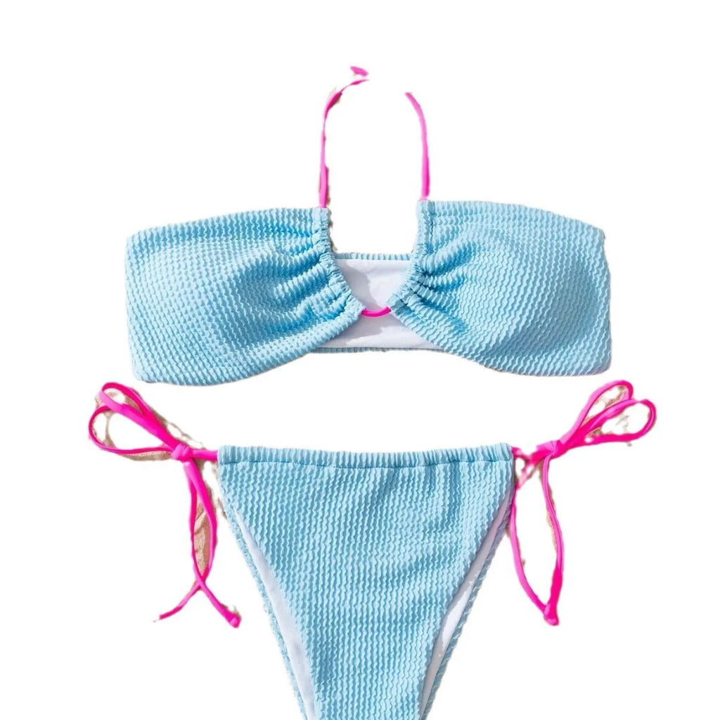 Women's halter neck lace-up separated swimsuit in solid colour with brief styling