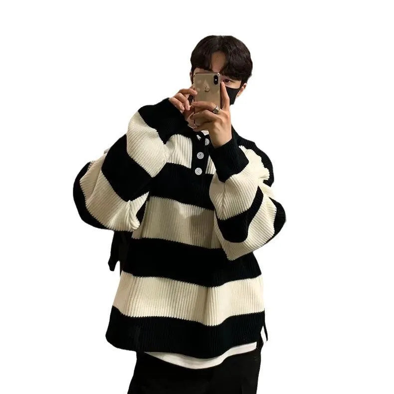 Men's loose striped pullover sweater coat in black or grey colour, long sleeves.
