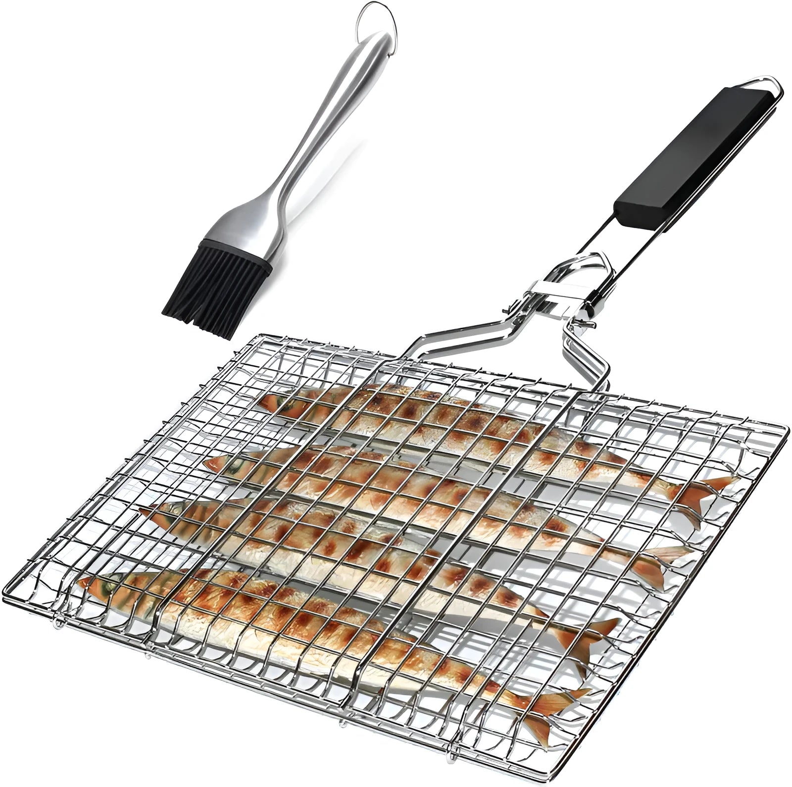 Square stainless steel folding barbecue grill mesh basket with a cleaning brush.