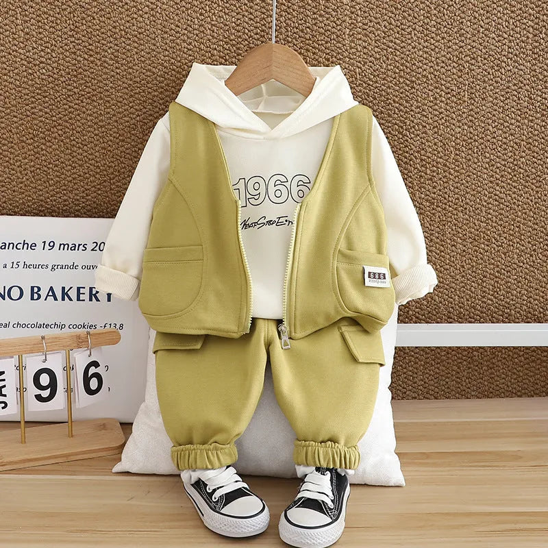 Boys cotton number vest three-piece set with long-sleeve zipper shirt and trousers in black
