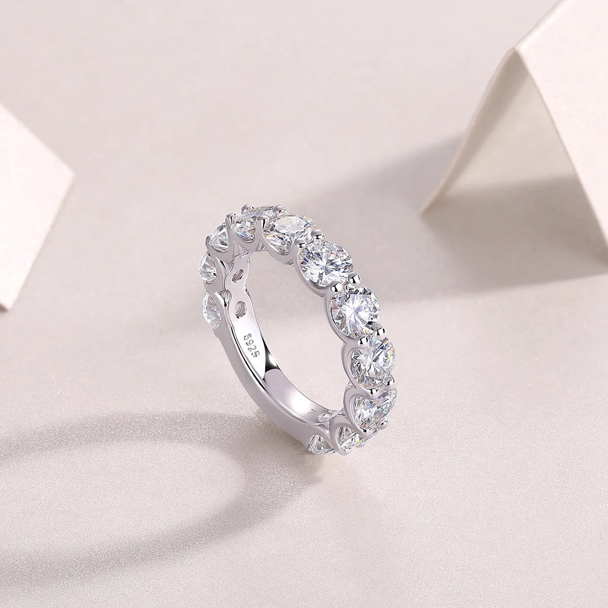 Dazzling Moment round 5.0mm moissanite wedding ring set in platinum-plated S925 silver on gift box with GRA certificate