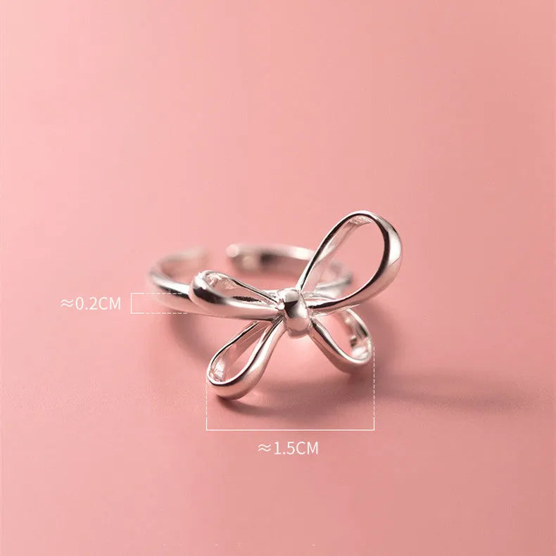 S925 silver bow ring with adjustable open band, simple line design, silver finish