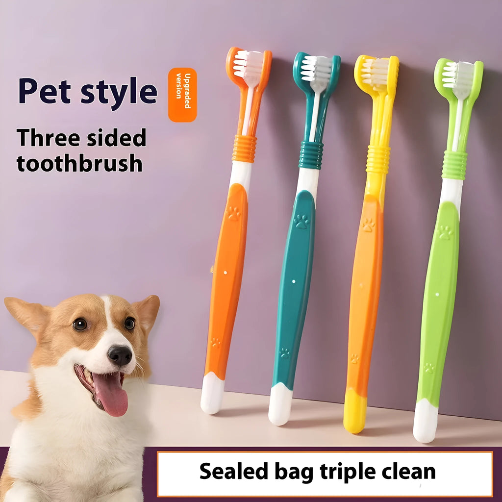 Pet toothbrush oral cleaning product in various colours including orange, green, yellow, blue pink, and black yellow