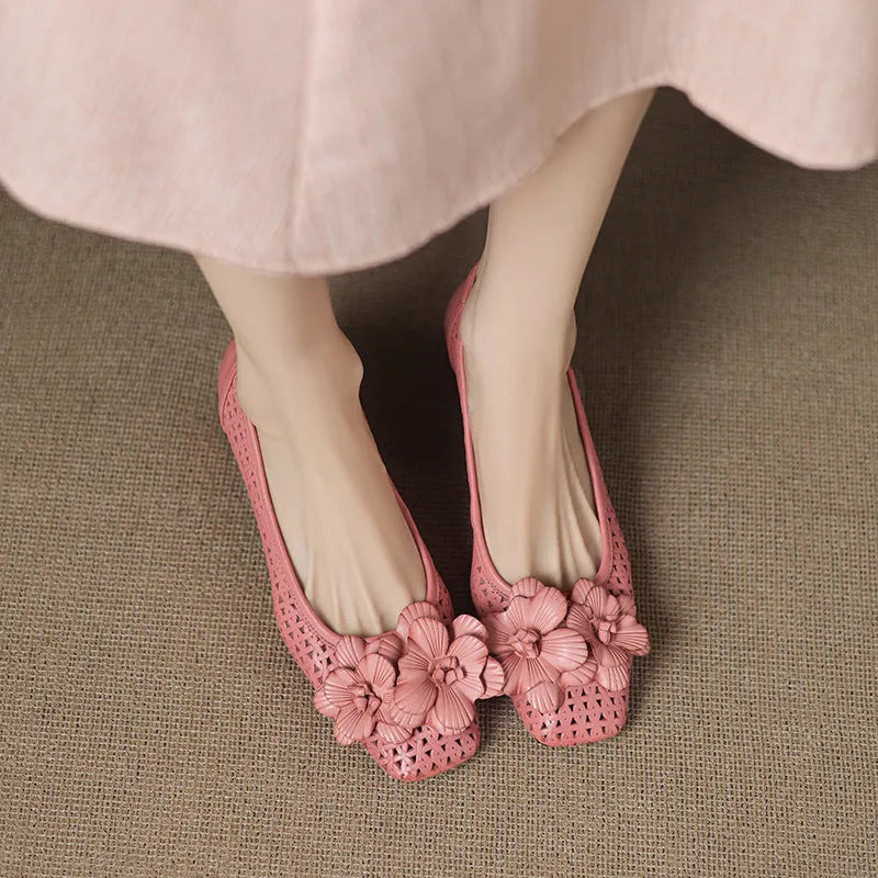 Women's light brown leather weave pumps with hollow design and mid heel on beef tendon sole