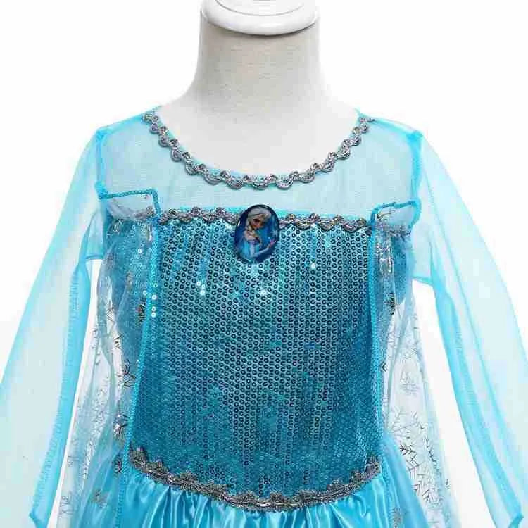Blue Frozen Queen Elsa children's gown with flower and animal patterns, polyester lining, size for 100-150cm height