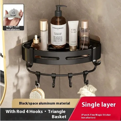 Gun grey triangle bathroom storage rack mounted in corner with towels and toiletries