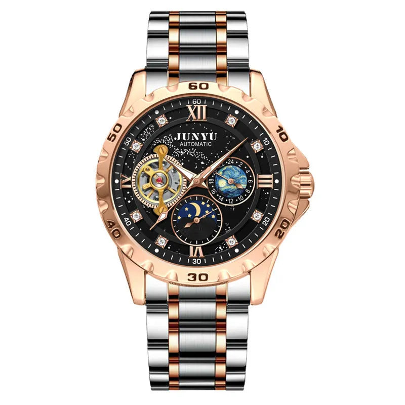 Men's automatic mechanical watch with luminous hands on a wrist, showing silver case and blue face option.