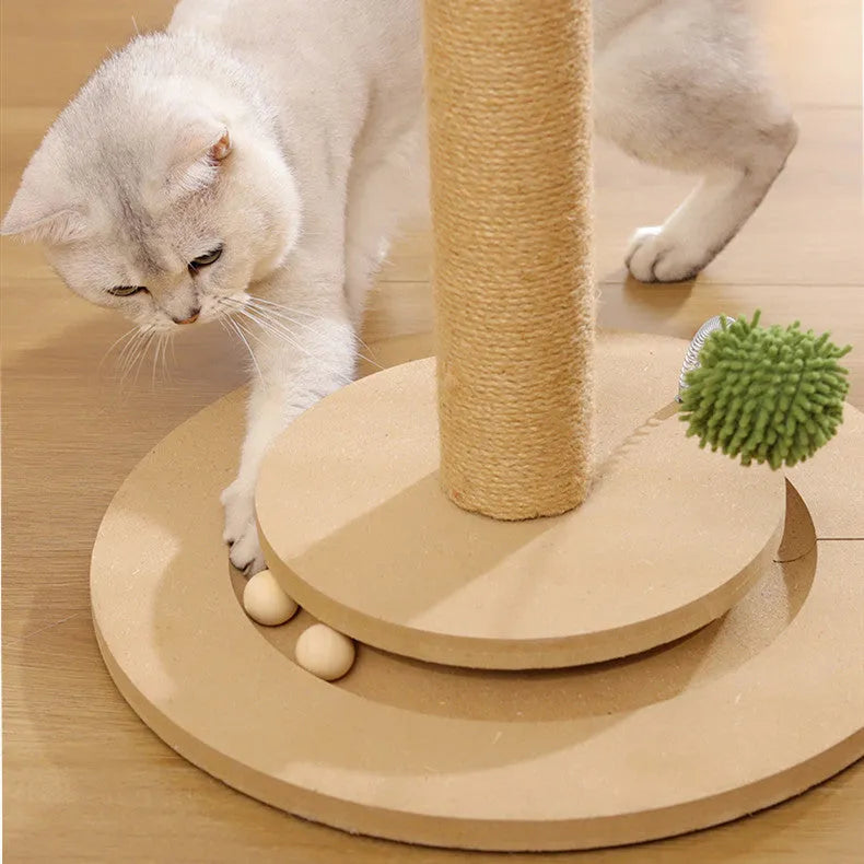 Vertical canna-coloured cat climbing frame with a hemp rope scratching post and simple design.
