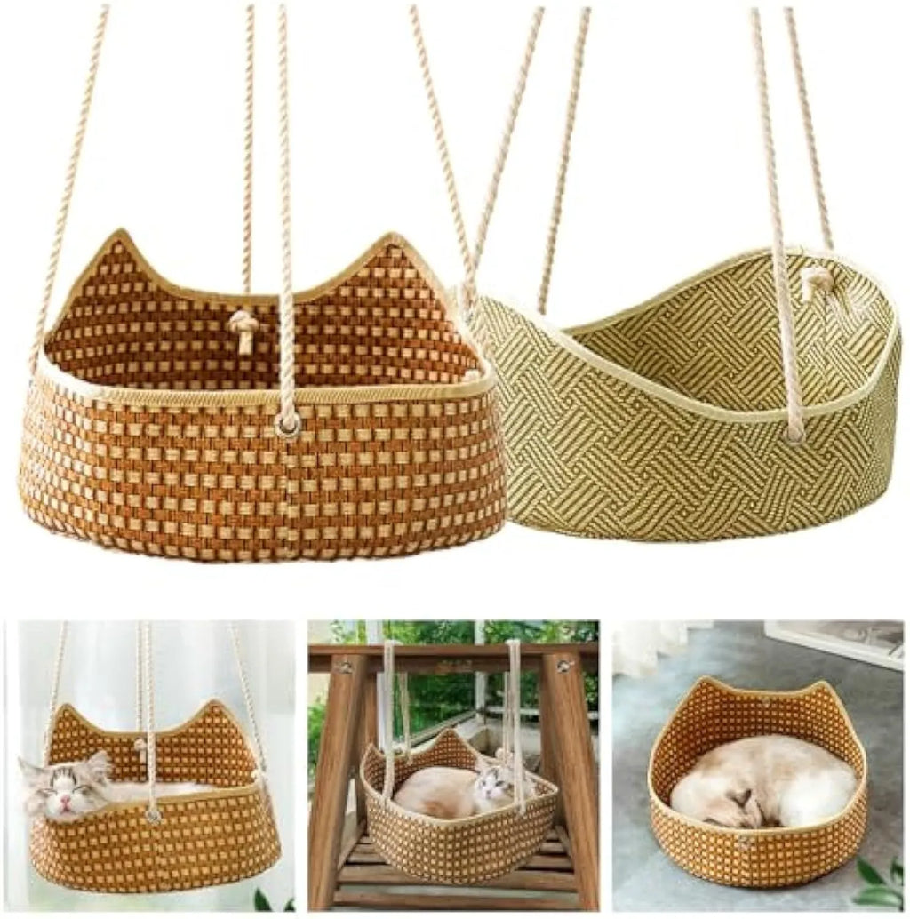 Green rattan cat hammock with metal hooks hanging on a white fence, a cat lounging inside.