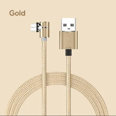 Black L-shape magnetic charging cable with aluminium housing and Micro USB, Type-C, and Lightning magnetic tips.