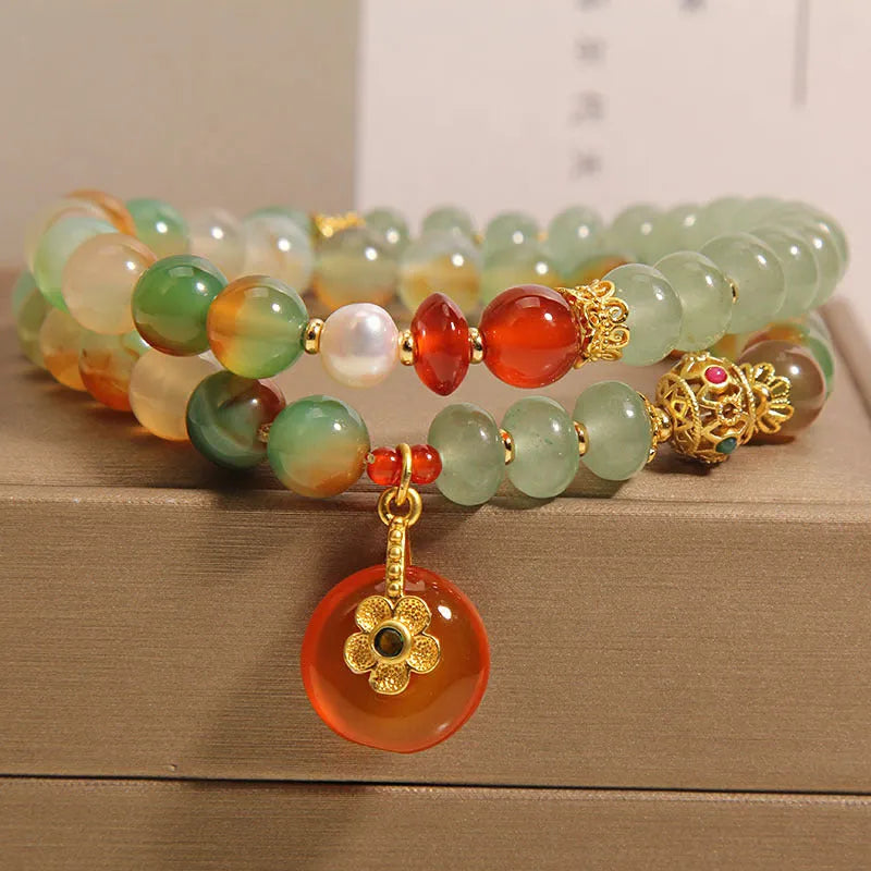 Peacock green agate double ring bracelet for women with alloy construction and safety buckle