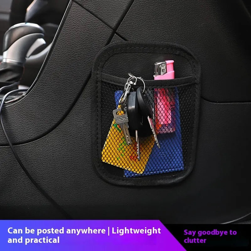 Adhesive polyester mesh net storage pocket for car and home, shown in large or small size.