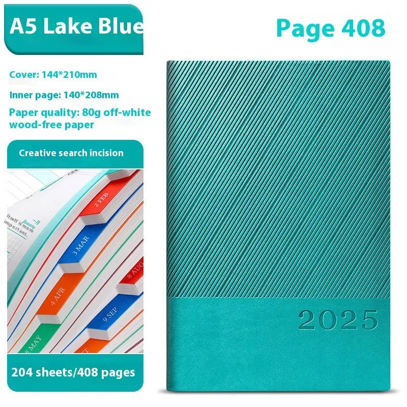 A5 striped PU leather notepad open on a desk showing thickened paper, available in eight colours.