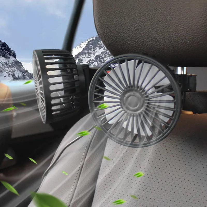 Black car USB rear pillow single head fan with adjustable wind output for vehicle interiors