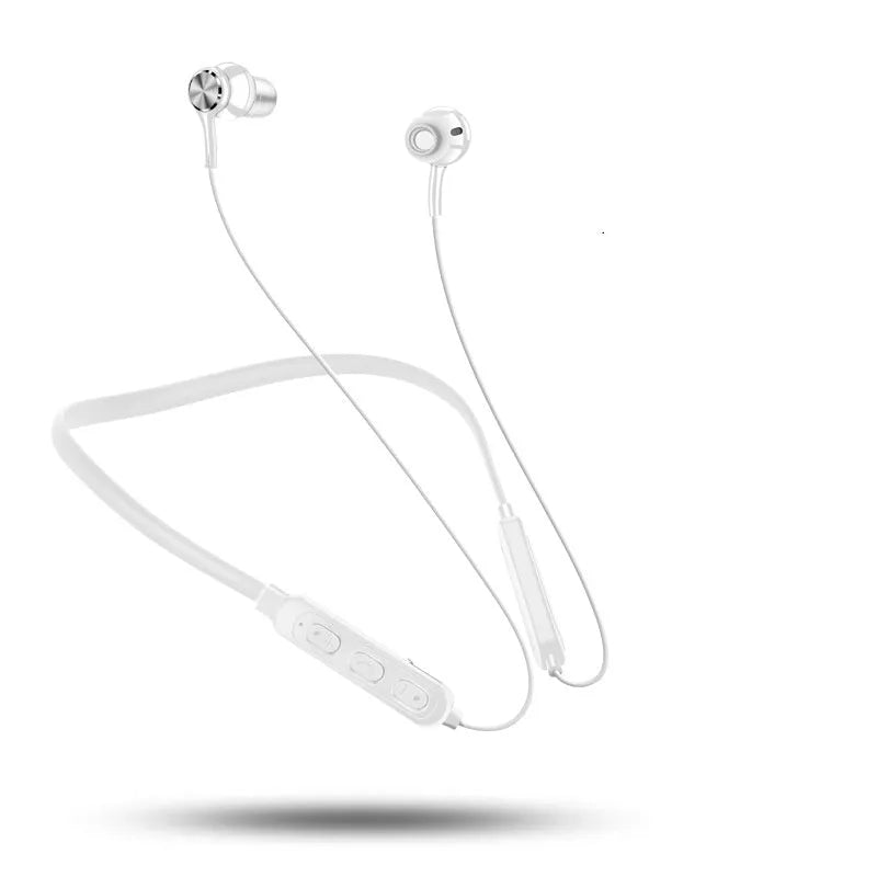 Neckband sports Bluetooth earphones in black, red, or white colours, showing the neck-hanging design.