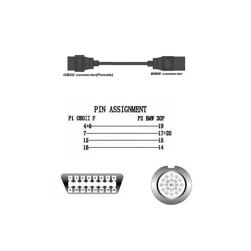 BMW 20-pin to OBD2 16-pin diagnostic connector cable adapter for scan tools.