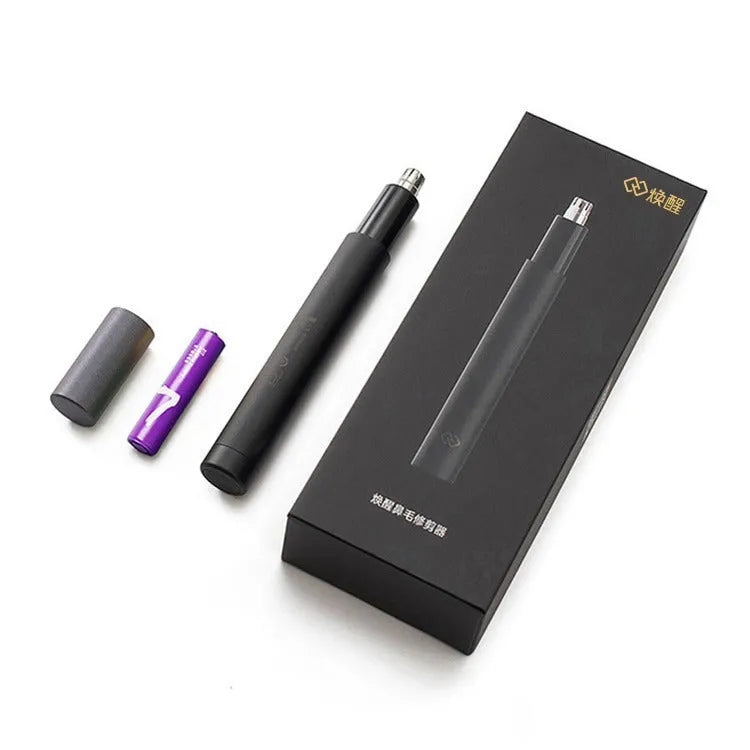 Black electric nose hair trimmer with battery power, fully washable ABS construction, for men and women