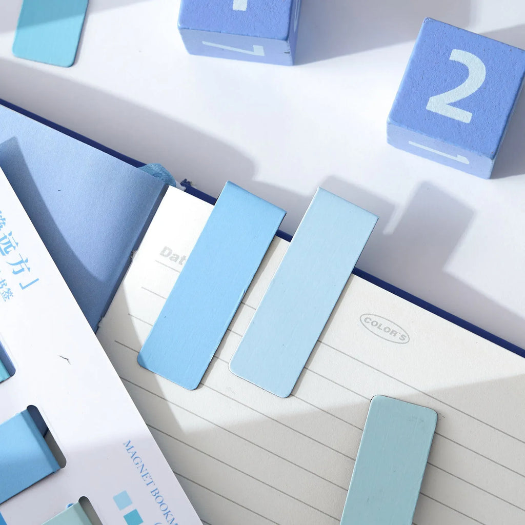 Four morandi colour block magnetic bookmarks in pastel shades showing miniature design