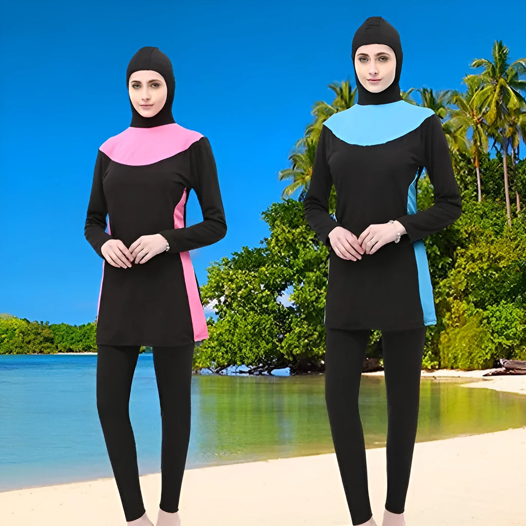 Conservative long sleeve hooded swimsuit for women in black with coloured trim