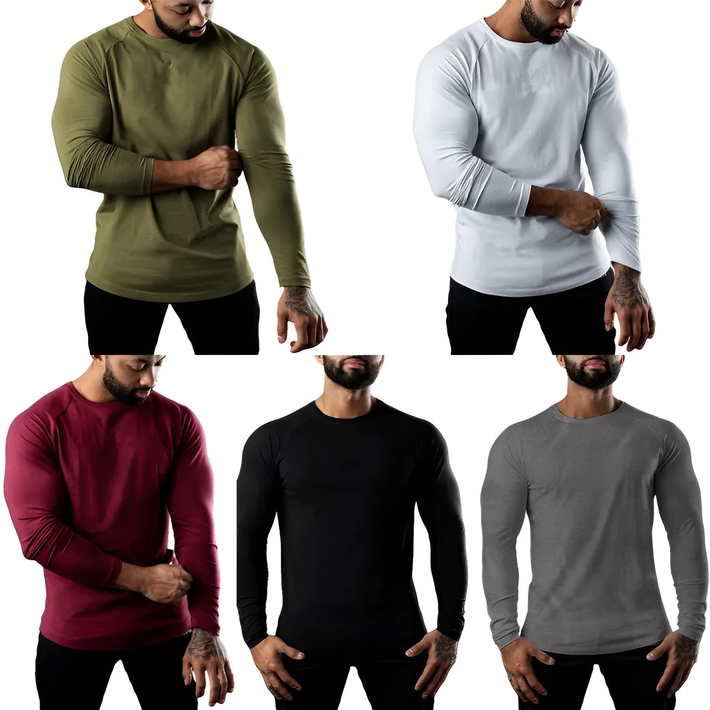 Man wearing a grey long sleeve cotton sports t-shirt with a round neck.