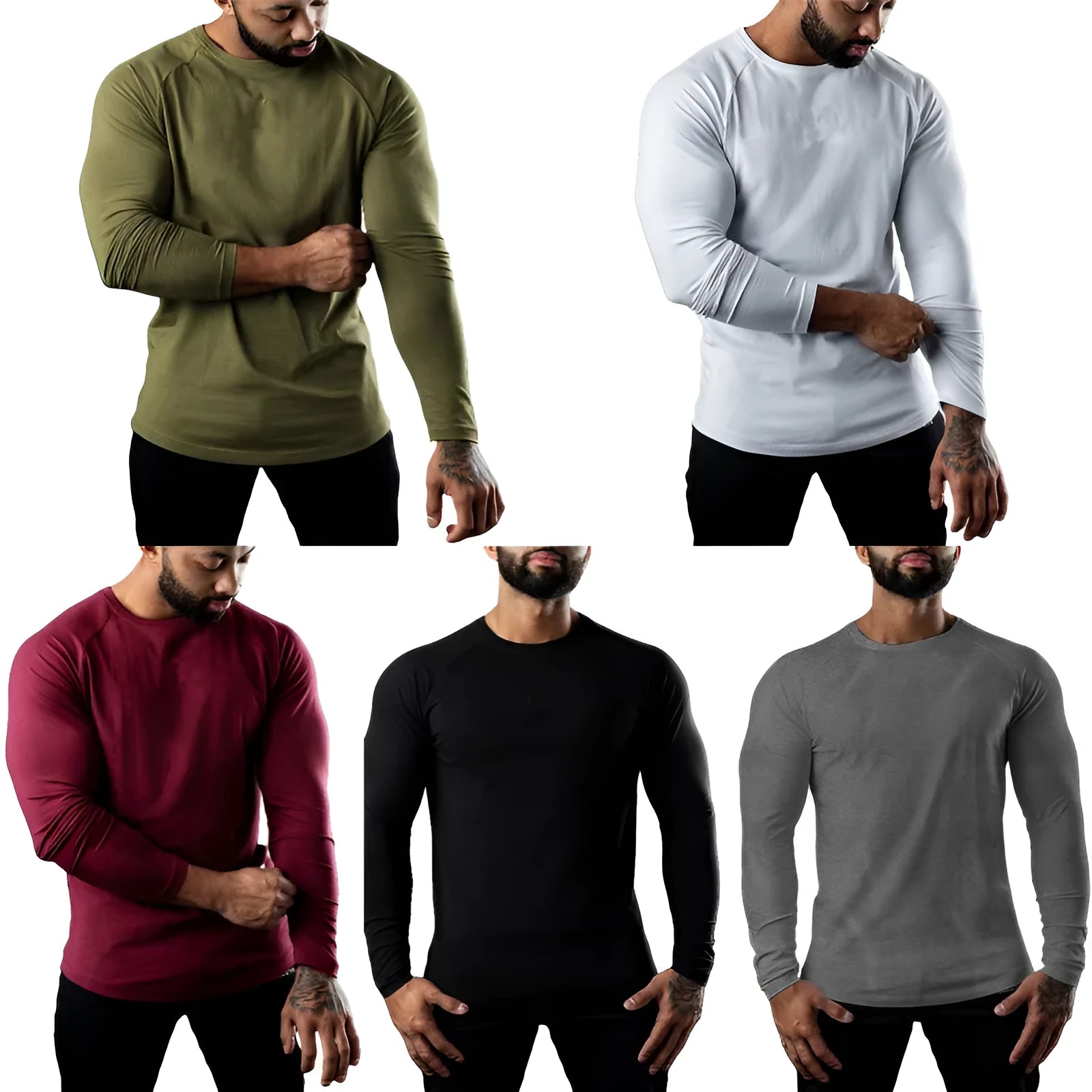 Man wearing a grey long sleeve cotton sports t-shirt with a round neck.
