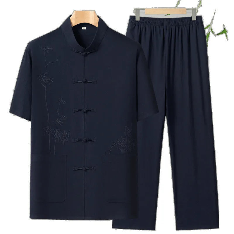Men's grey cotton short-sleeved leisure suit with pants for summer wear
