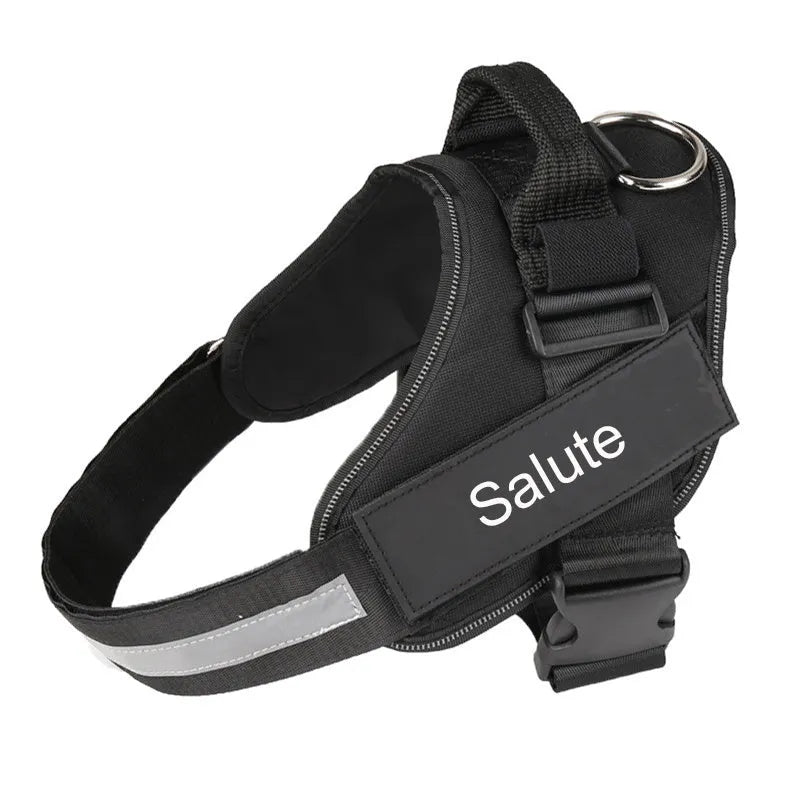 Personalised reflective breathable nylon dog harness in black with adjustable chest strap and handle