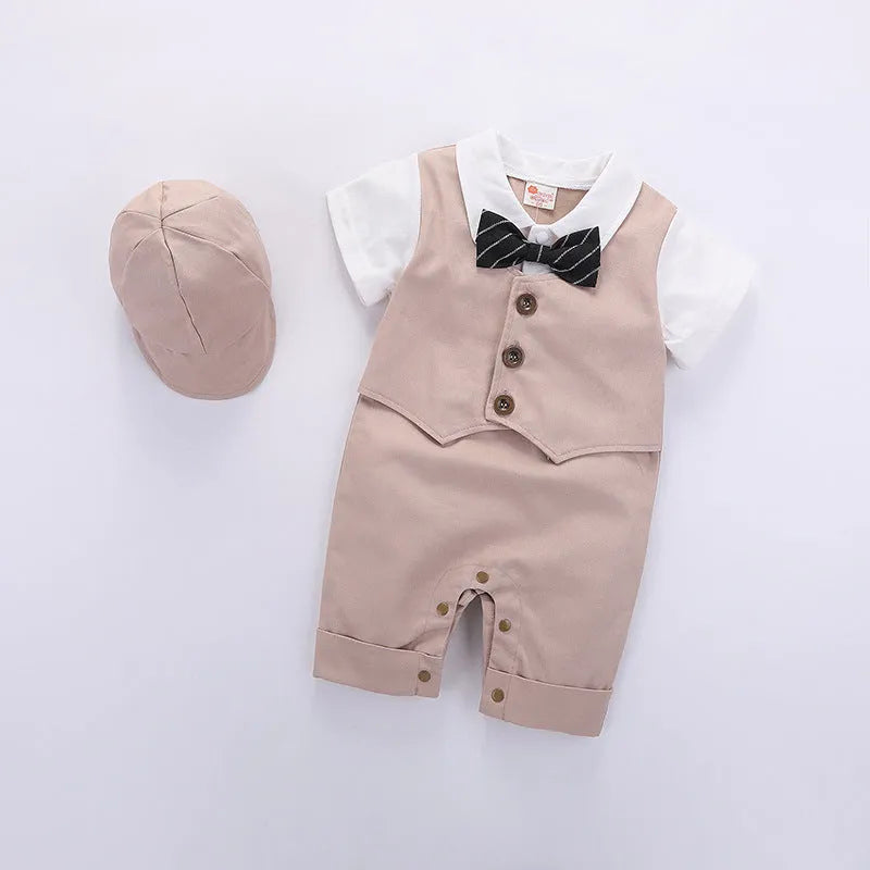 Cotton baby jumpsuit romper in black with short sleeves and removable hood, front view