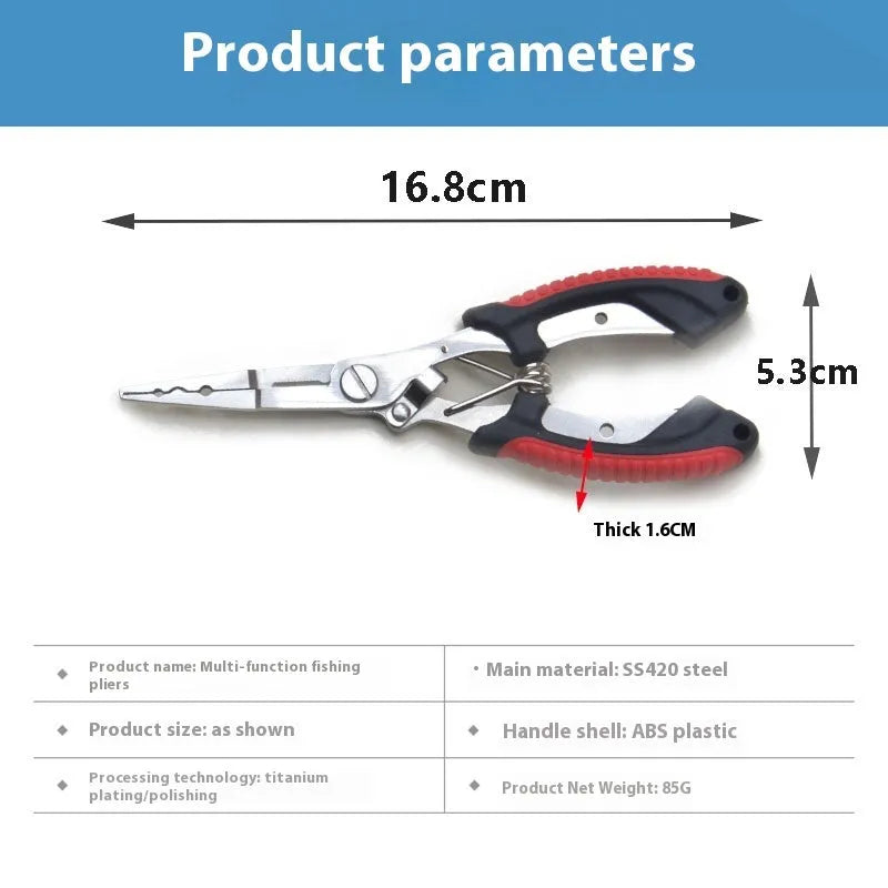 Medium stainless steel fishing pliers with a blue plastic handle, shown with a nylon carry bag and strap.
