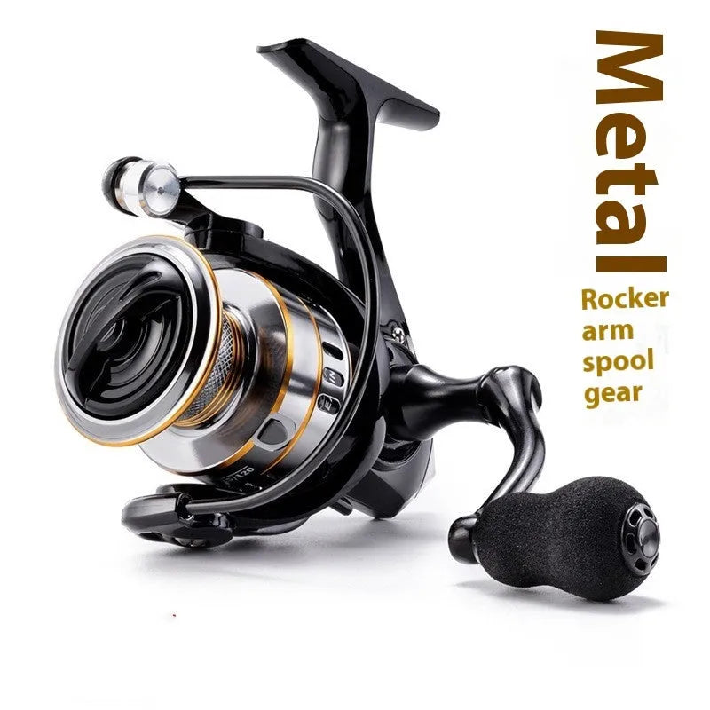 All-metal spinning fishing reel with zero-gap design and black EVA grip handle on a grey background.