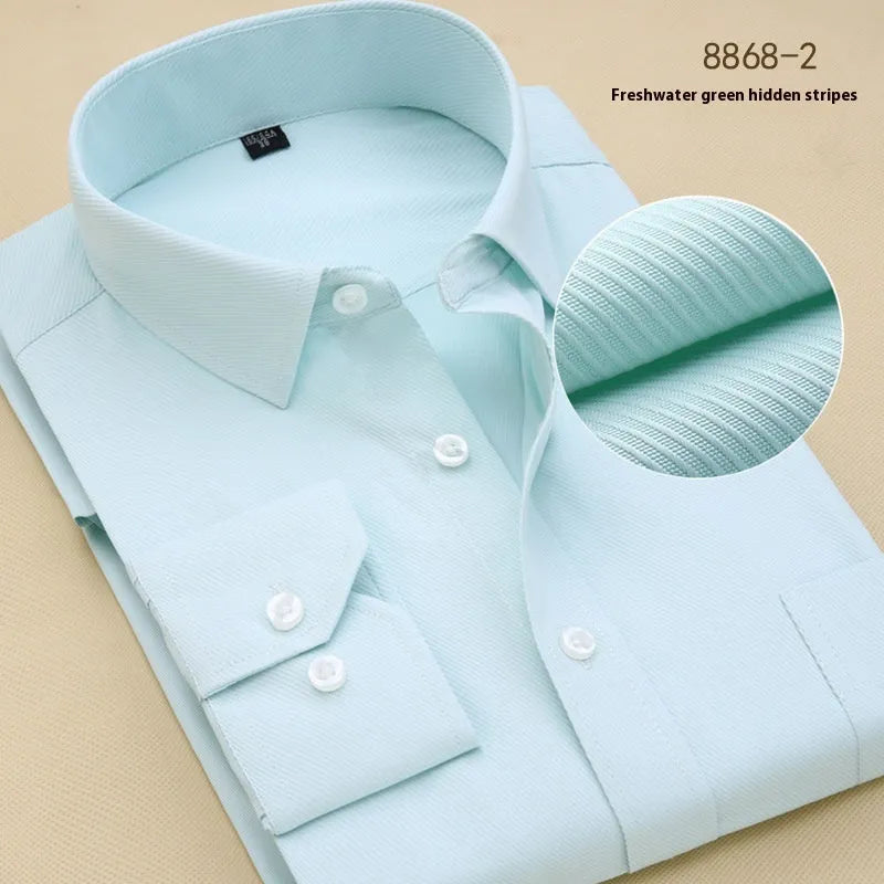 Men's black slim fit long sleeve cotton business shirt on a hanger