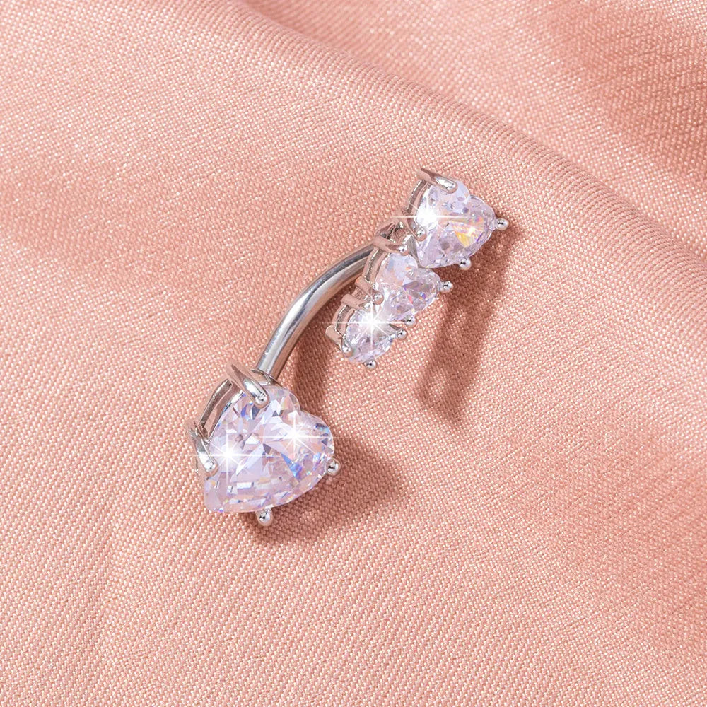 Stainless steel heart-to-heart navel pin on white background, 0.9 cm wide, 2.3 cm tall