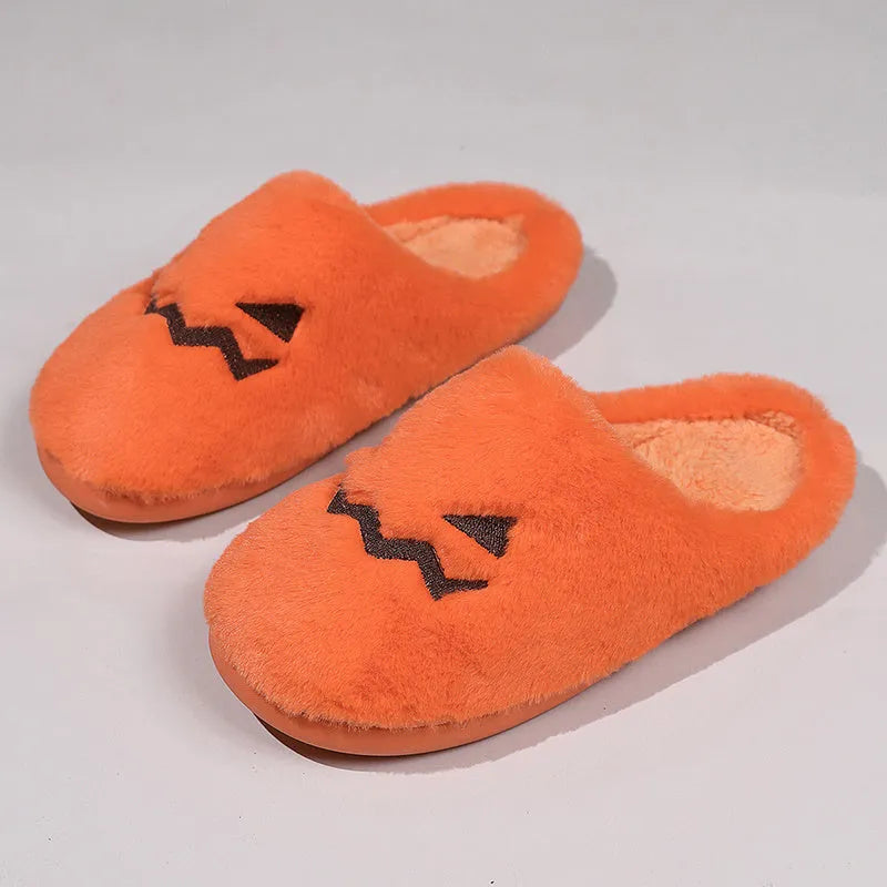Orange pumpkin design plush house slippers with coral velvet upper and non-slip PVC sole