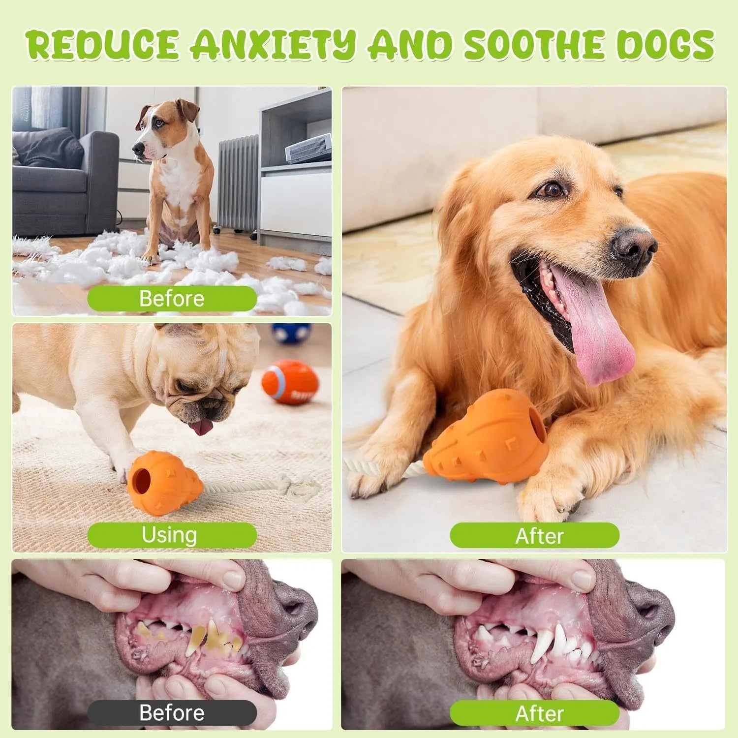 Natural rubber stuffable dog chew toy with a long strap for fetching and treat dispensing.