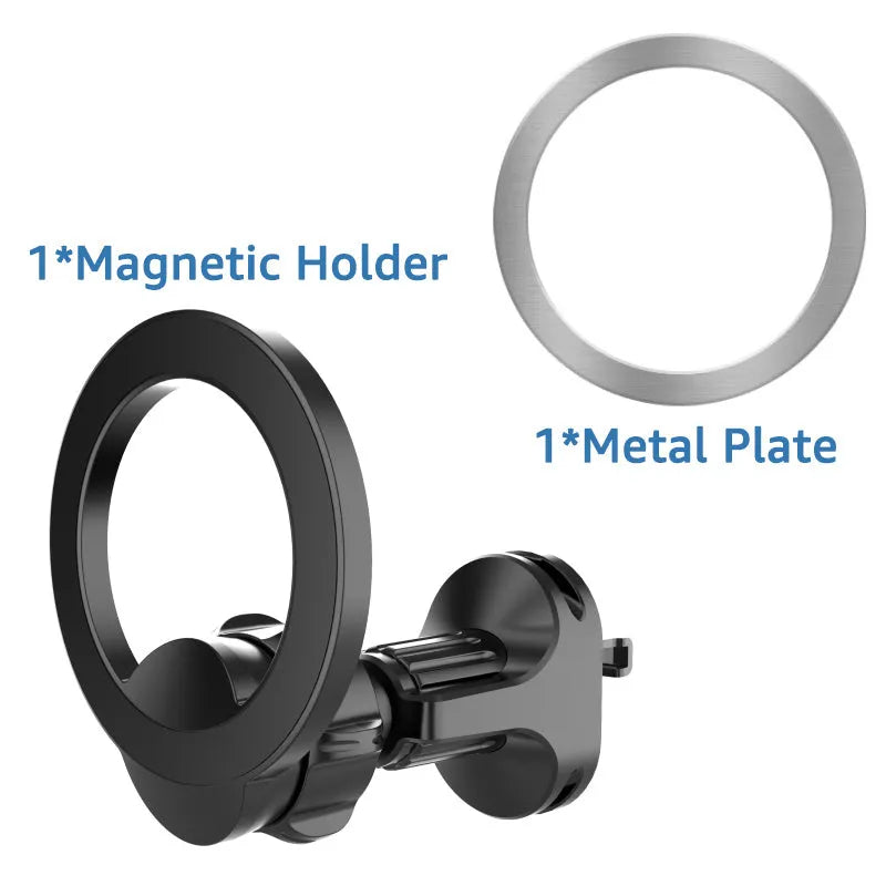 Black magnetic car phone holder mounted on vehicle air vent