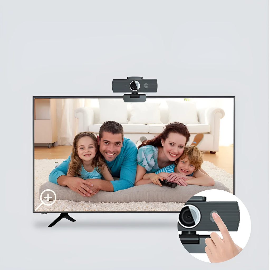 Black USB webcam with magnetic privacy cover showing 8MP 4K resolution and auto focus features