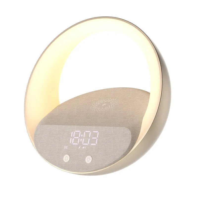 Beige multifunctional bedside unit with wireless charging pad, Bluetooth speaker, and LED light on a wooden table.