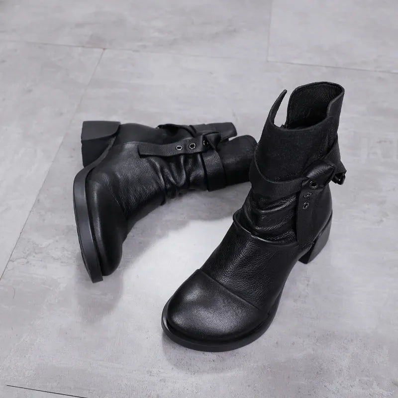 Women's brown genuine leather retro ankle boots with a chunky heel and round toe