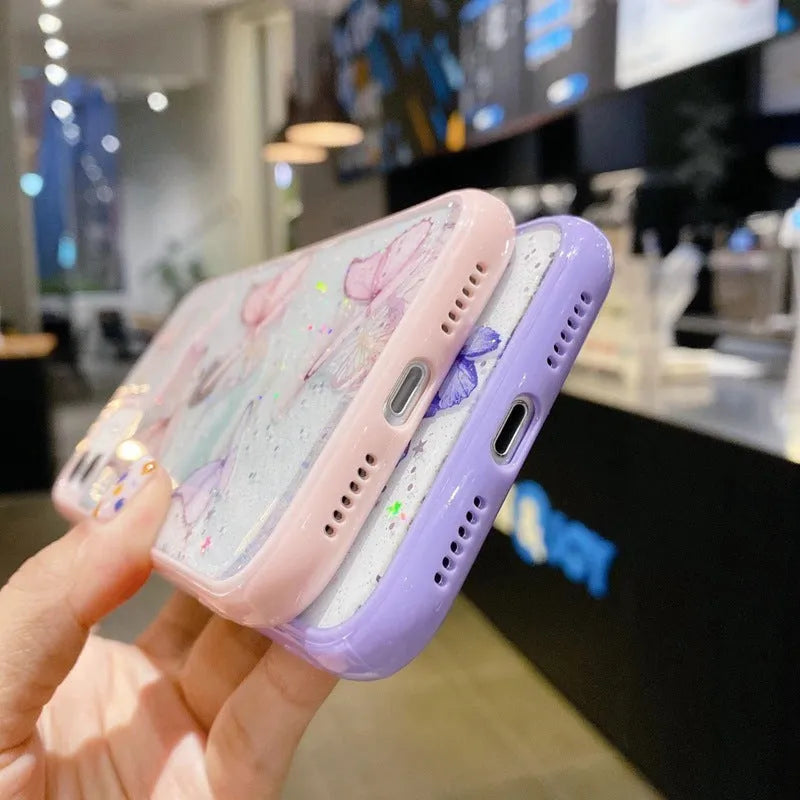 Pink epoxy glitter butterfly TPU phone case for iPhone with anti-fall back cover visible