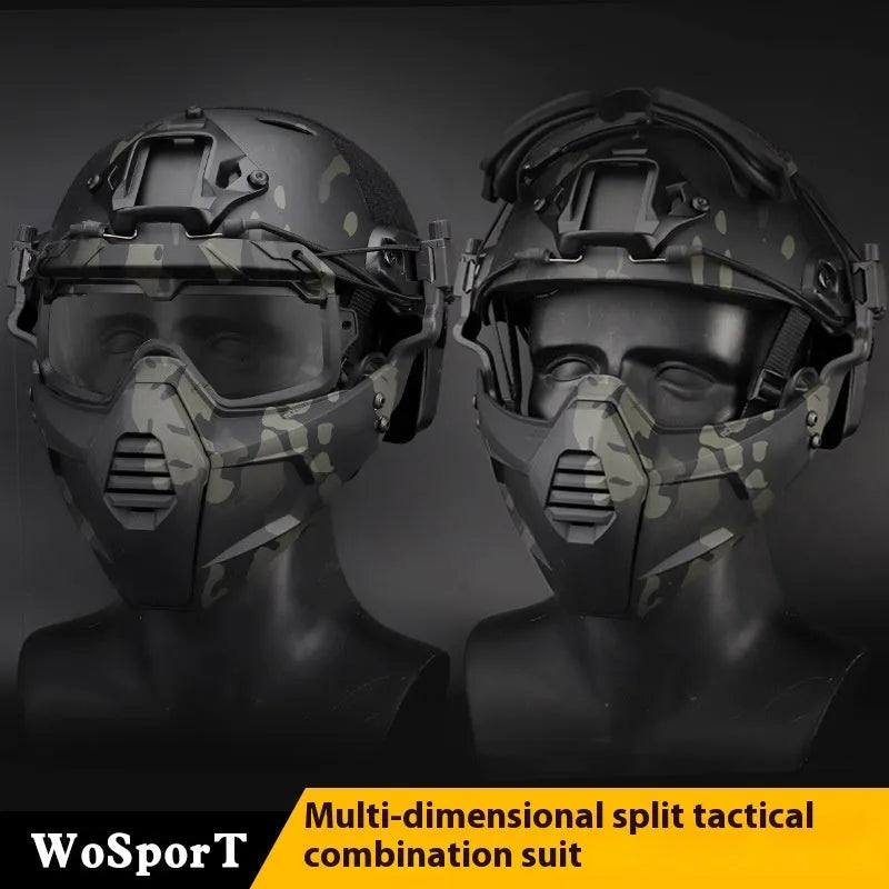 Tactical combination suit mask and goggles set in green with helmet style, free size, TPE and PC materials
