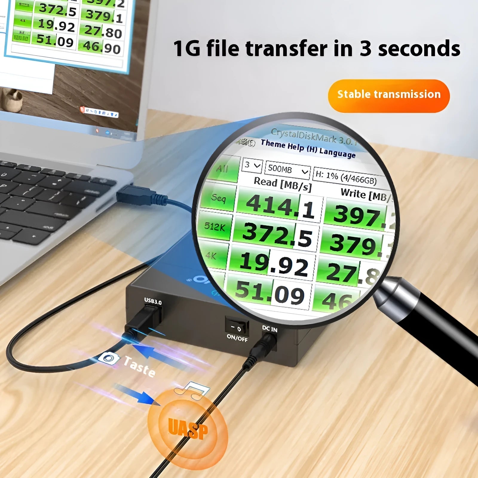 3.5-inch external hard drive enclosure in ABS plastic with USB 3.0 cable and power supply.