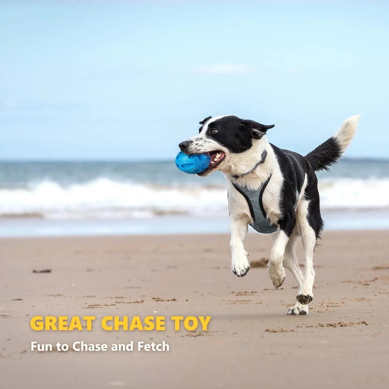 Blue, green, and orange squeaky rubber dog ball with surface grooves for aggressive chewers