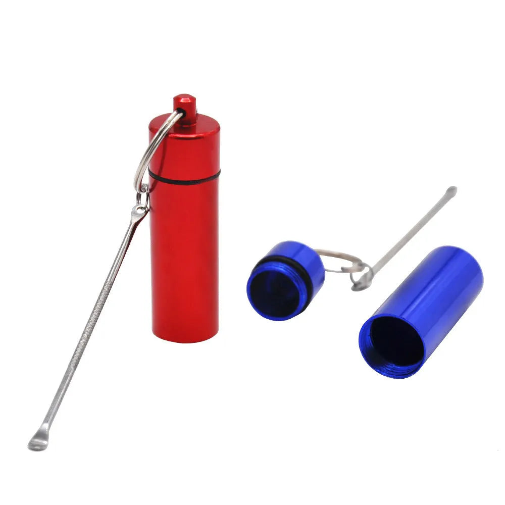 Aluminium portable medicine storage bottle with keychain and spoon in multiple colour options.