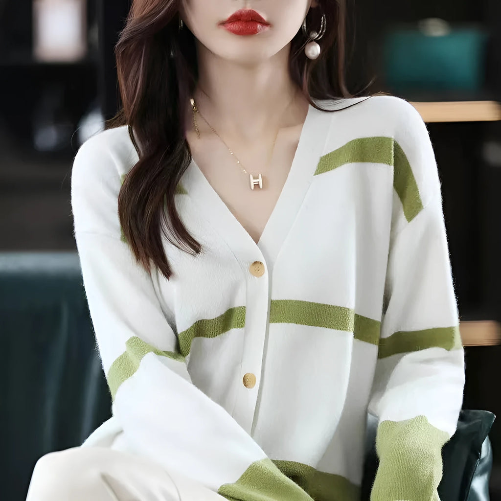 Women's V-neck knitted cardigan with 3D striped pattern in slim fit showing colour options