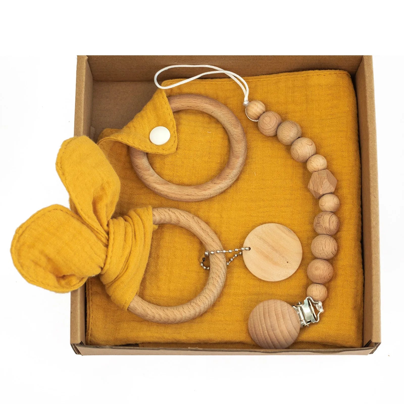 Baby teething toy set with bamboo blanket, wooden teether, bell, tyre brush and milestone for infant development