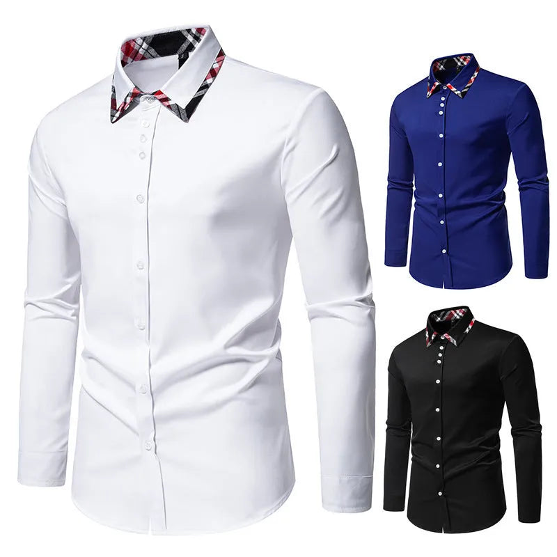 Men's blue plaid long sleeve shirt with a triangle collar on a hanger.